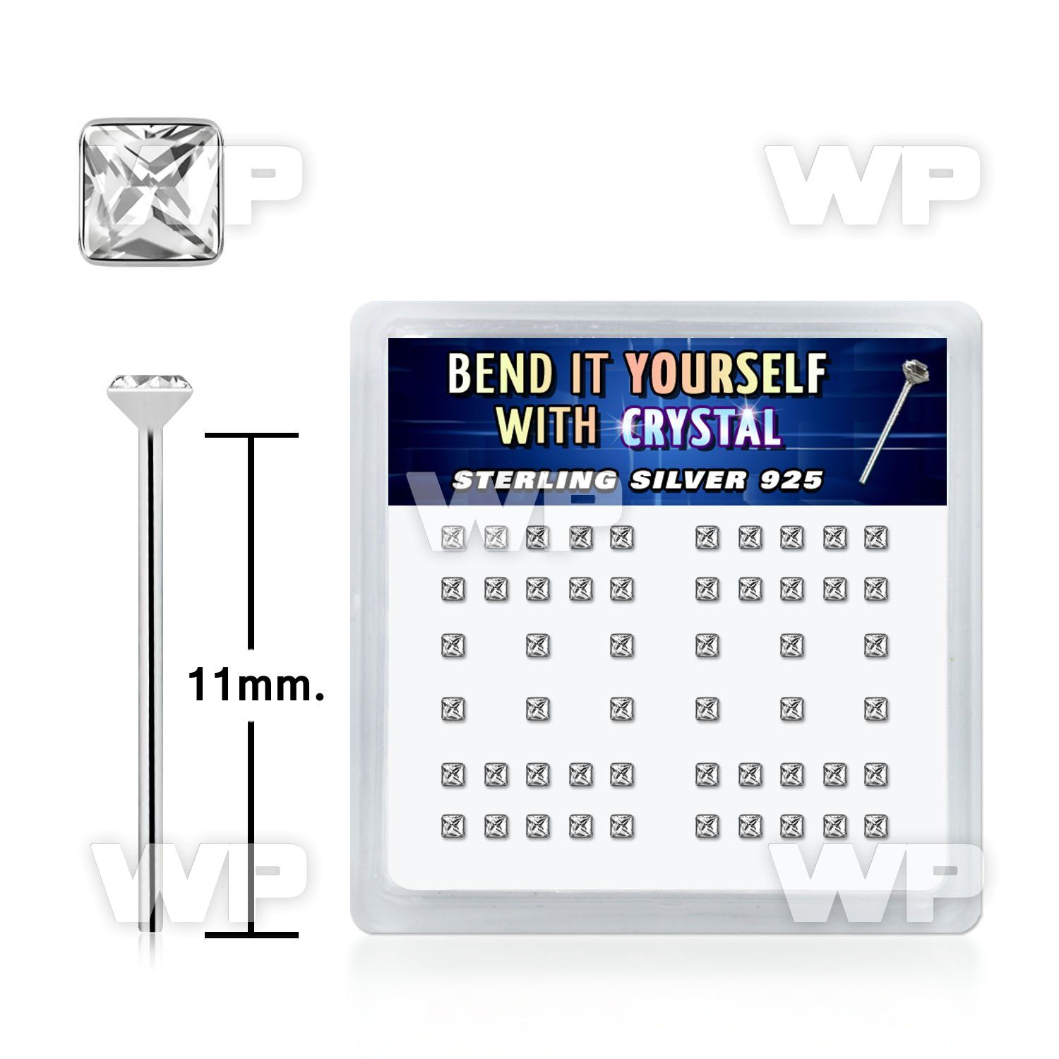 un3v4f6 box w silver 925 un bent nose stud square shaped clear belly piercing