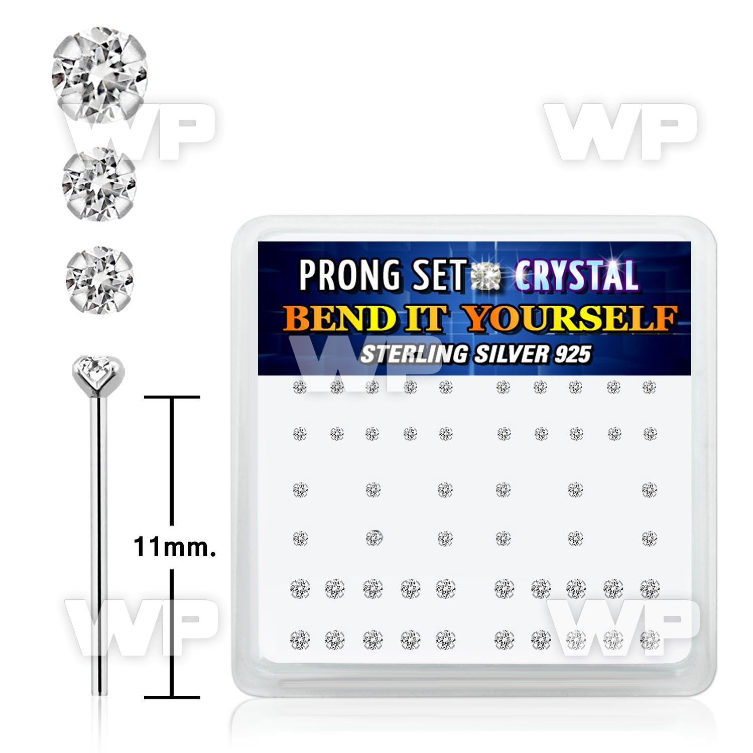 un4fm46 box w silver 925 un bent nose stud mix round clear prong belly piercing