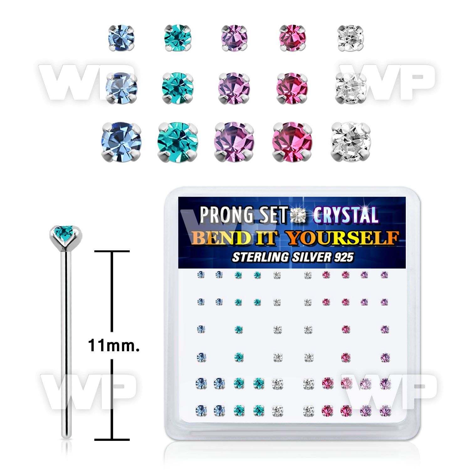 un4fm4j box w silver 925 un bent nose stud mix round prong set belly piercing
