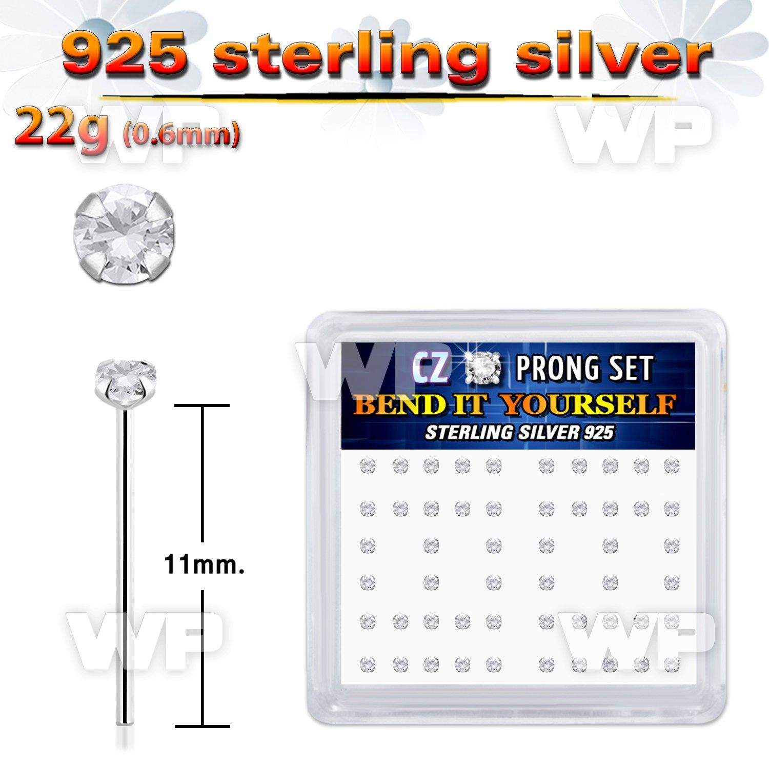 un6g4f6 box w silver 925 un bent nose stud 2mm round clear prong belly piercing