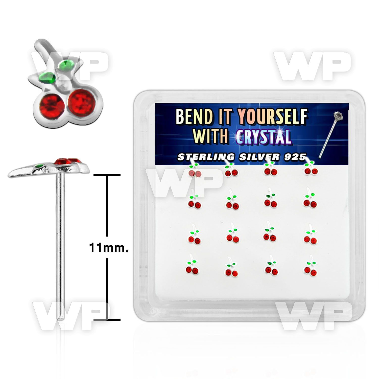 un6xey box w silver 925 un bent nose stud red crystals cherries belly piercing