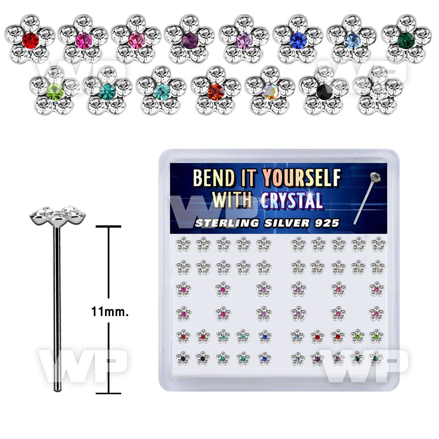 undb4f3k box w silver 925 un bent nose stud crystal flower design belly piercing