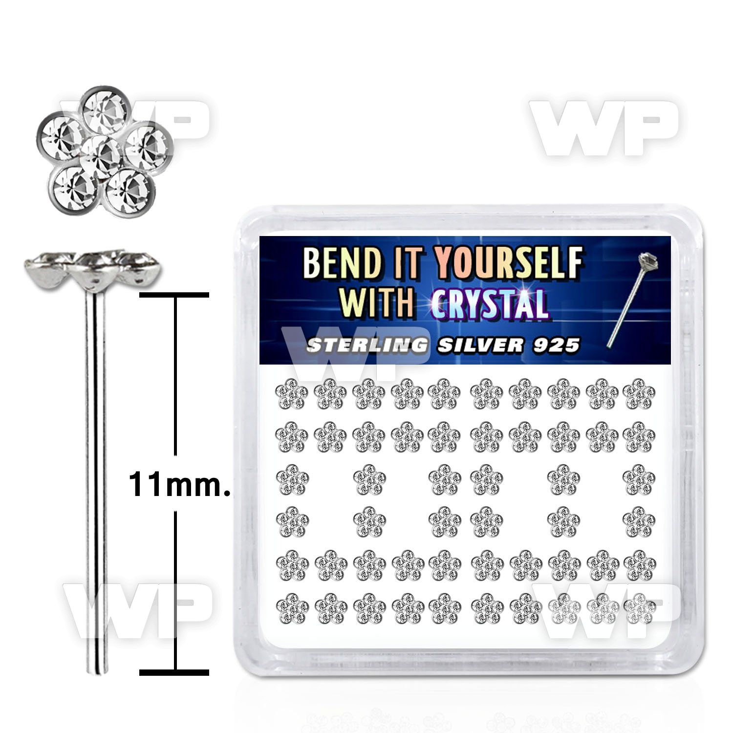 undb4f6 box w silver 925 un bent nose stud 1mm clear crystal stud nose piercing