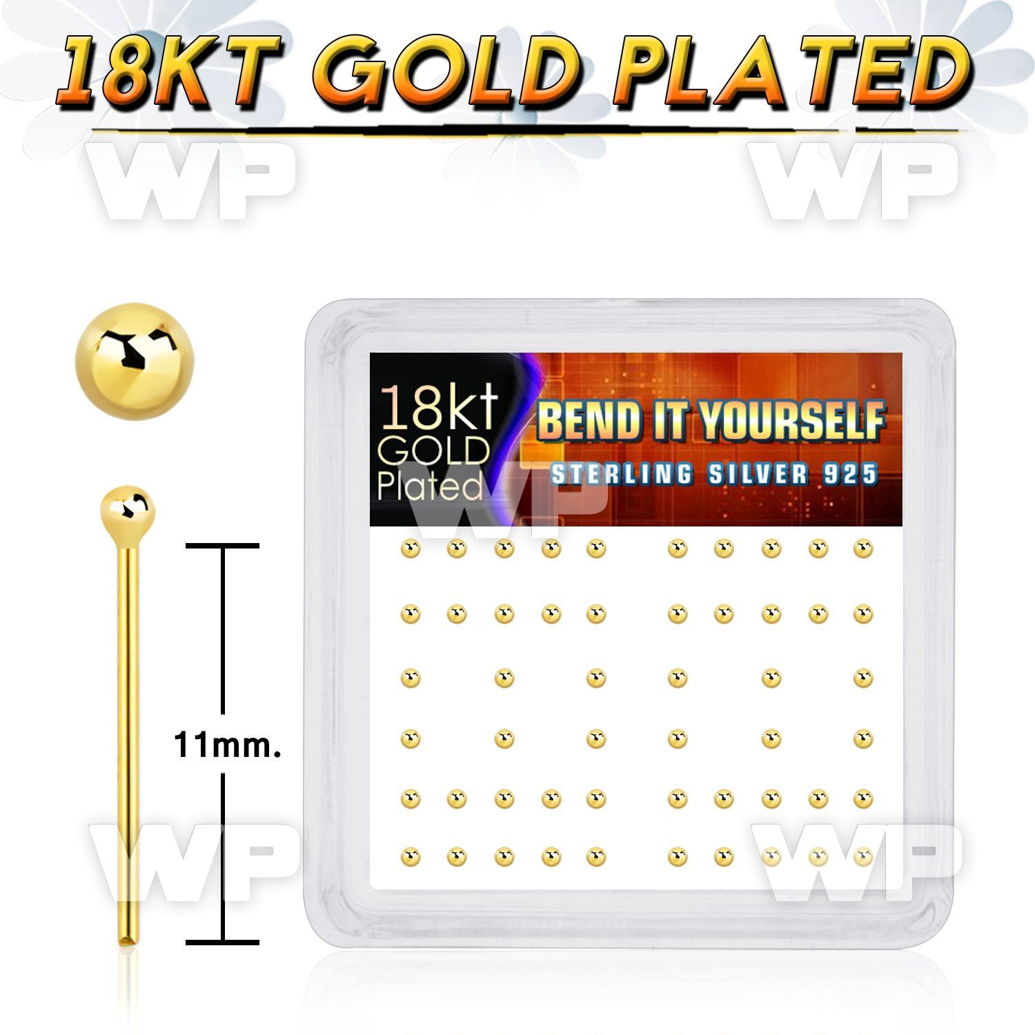 unfet4 box of real 18k gold plated silver 925 un bent nose stud belly piercing