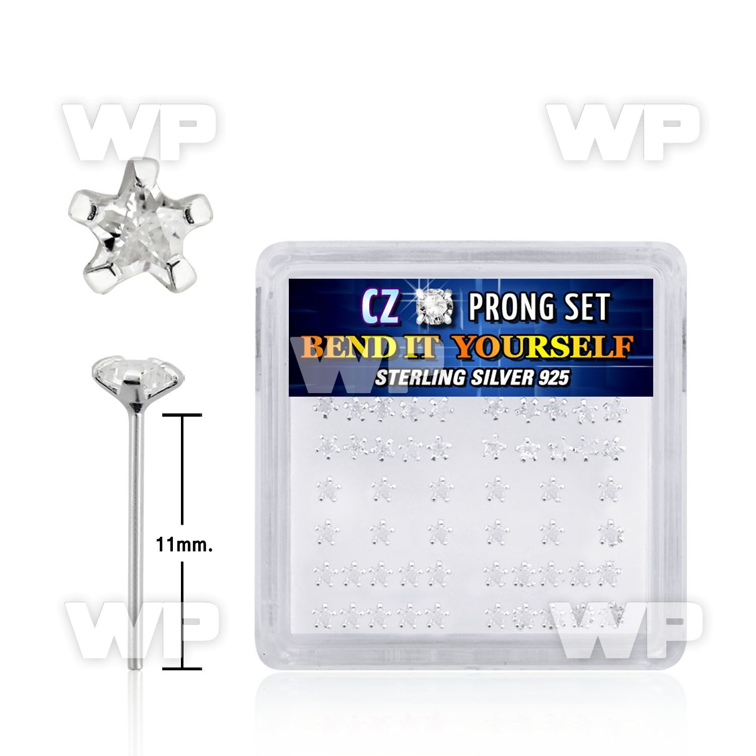 ung436 box w silver 925 un bent nose stud 3mm star shaped clear belly piercing