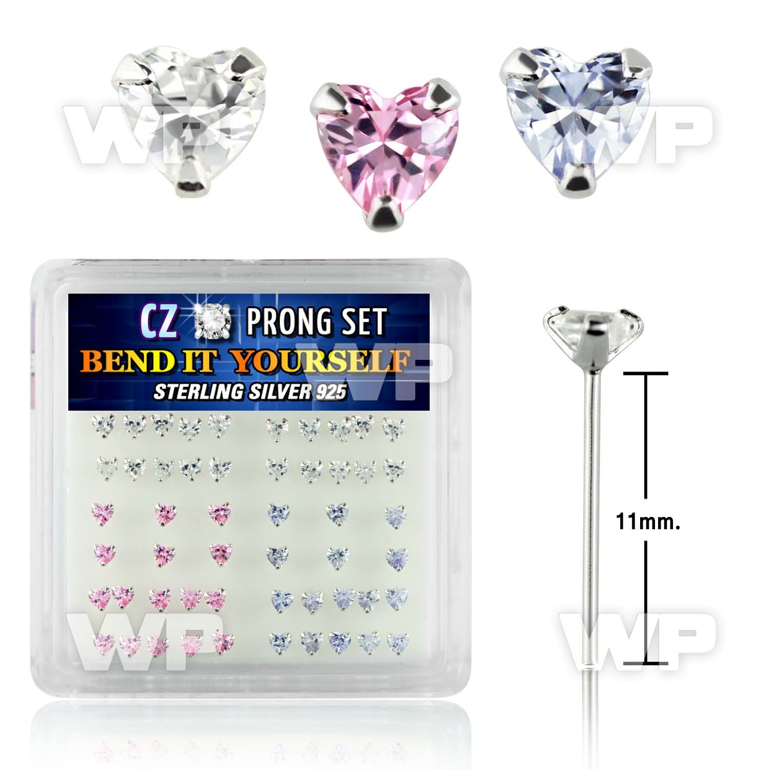 ung4xj box w silver 925 un bent nose stud 3mm heart shaped prong belly piercing