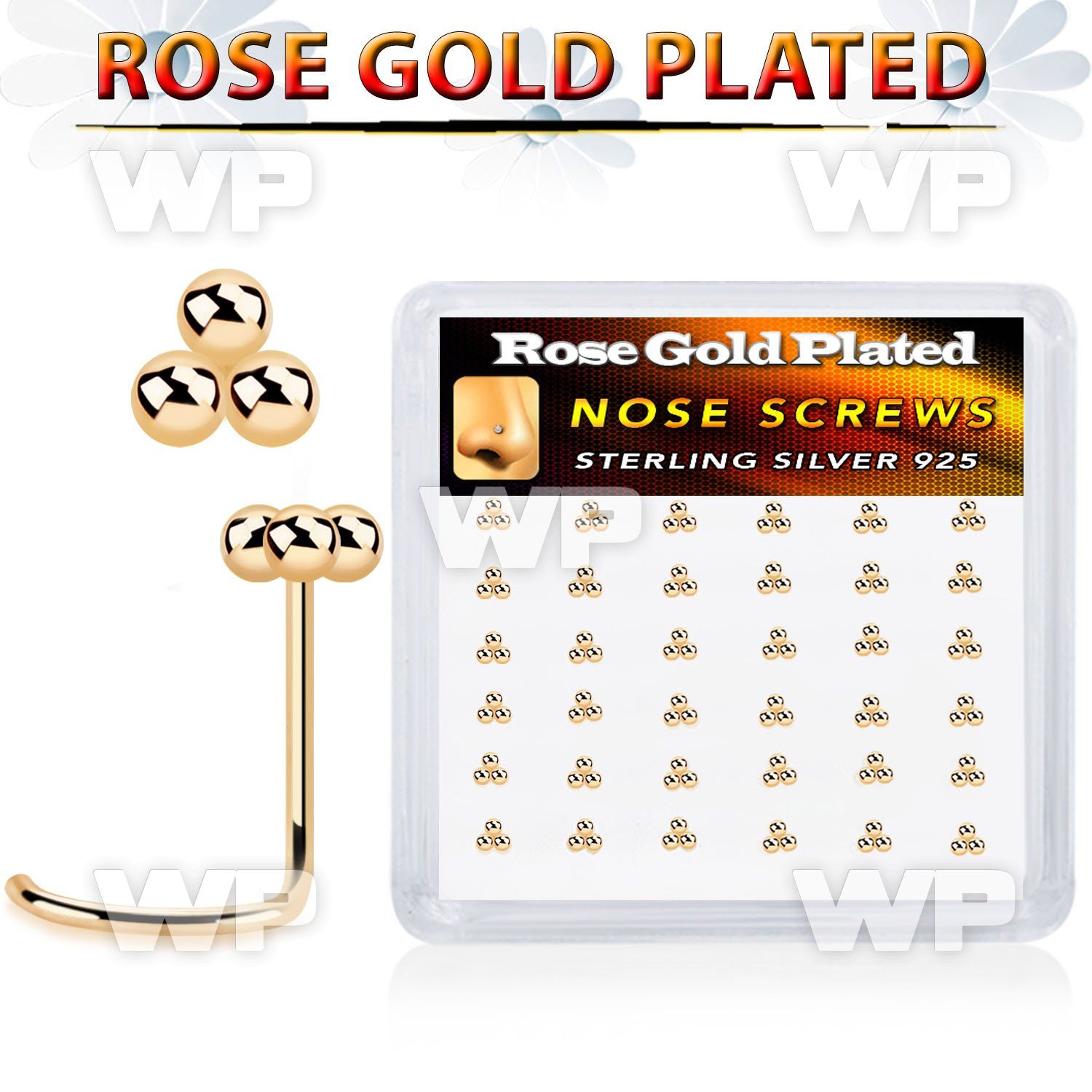 uor3qzya rose gold finish silver nose screws triple balls