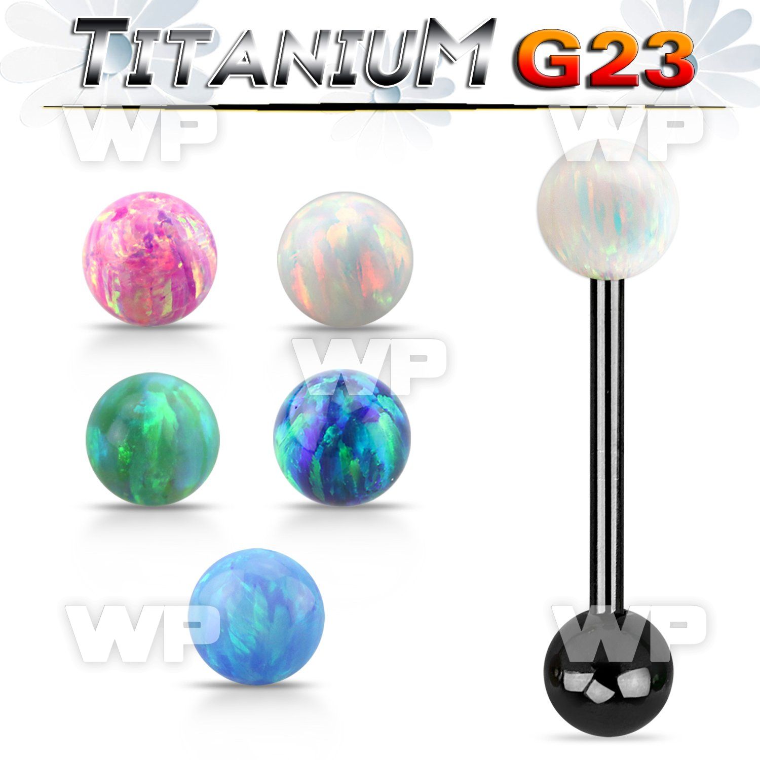 utbbop6 anodized titanium g23 tongue barbell w 6mm opal ball
