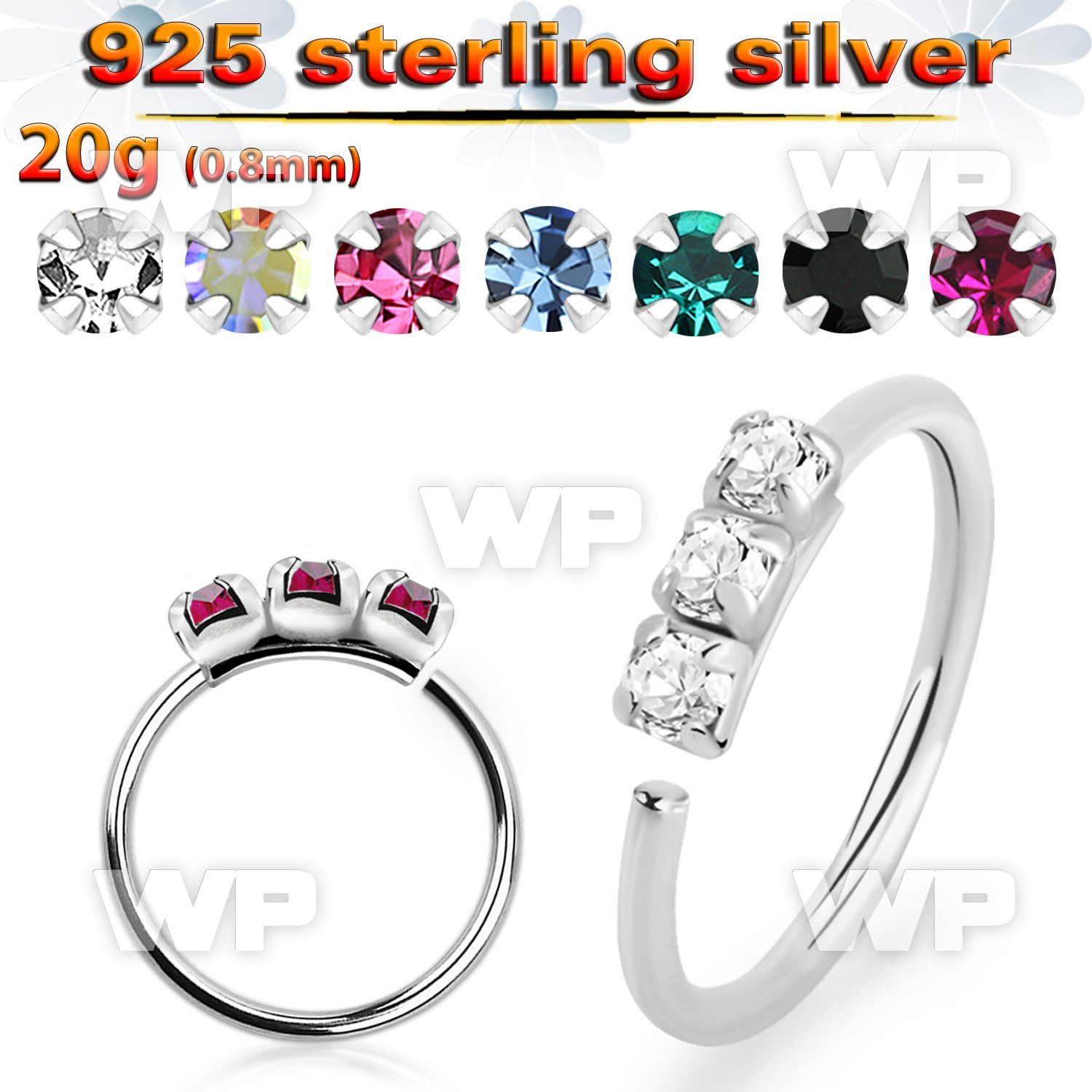 ux7j 925 silver seamless nose ring 1 5mm prong set color crystals