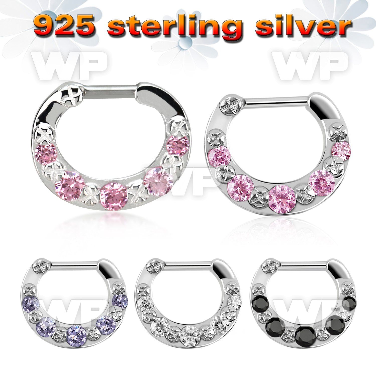 vsepg14 925 silver septum clicker 1.2mm w 5 cz stones