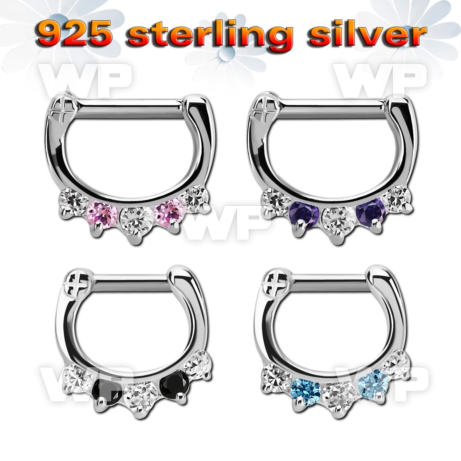 vsepqx14 silver septum clicker 14g w 1 big cz 4 small cz mix