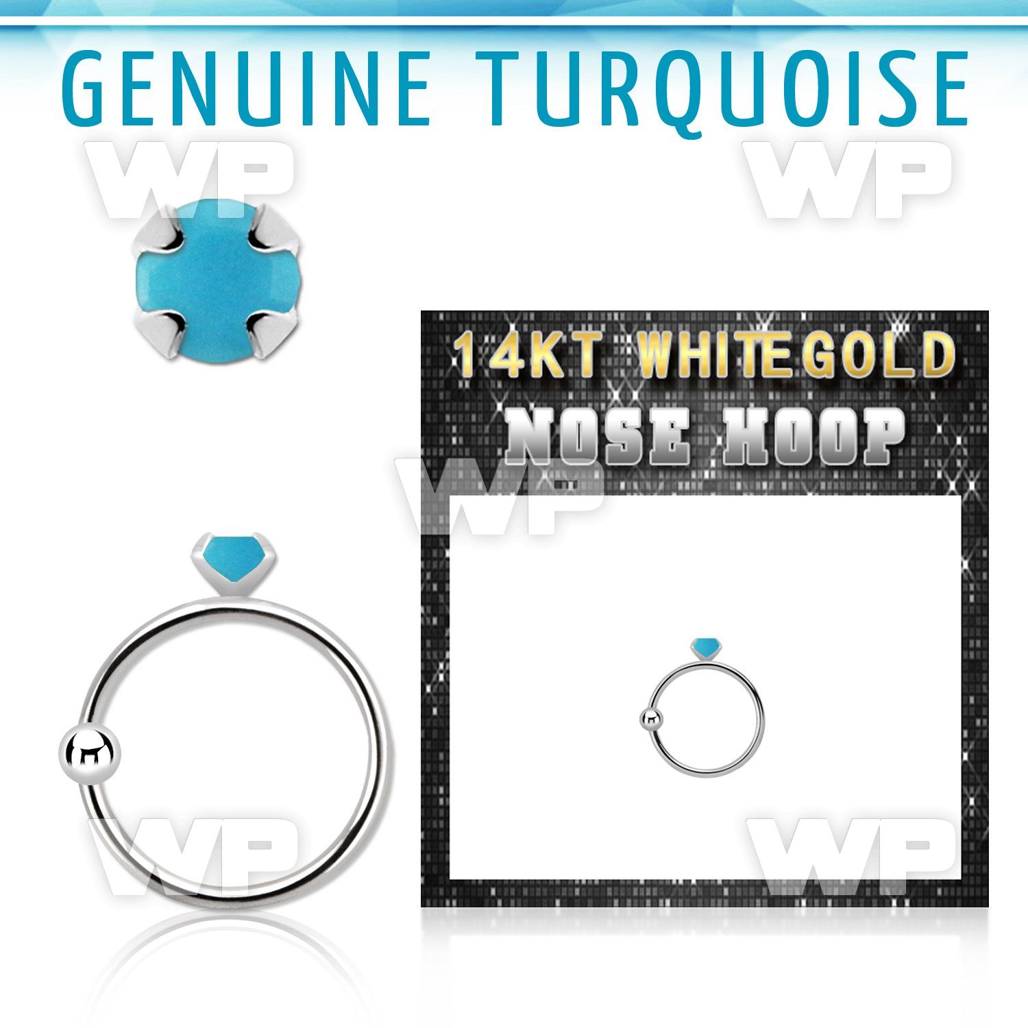 whge7 14kt white gold nose hoop w 2mm prong set turquoise