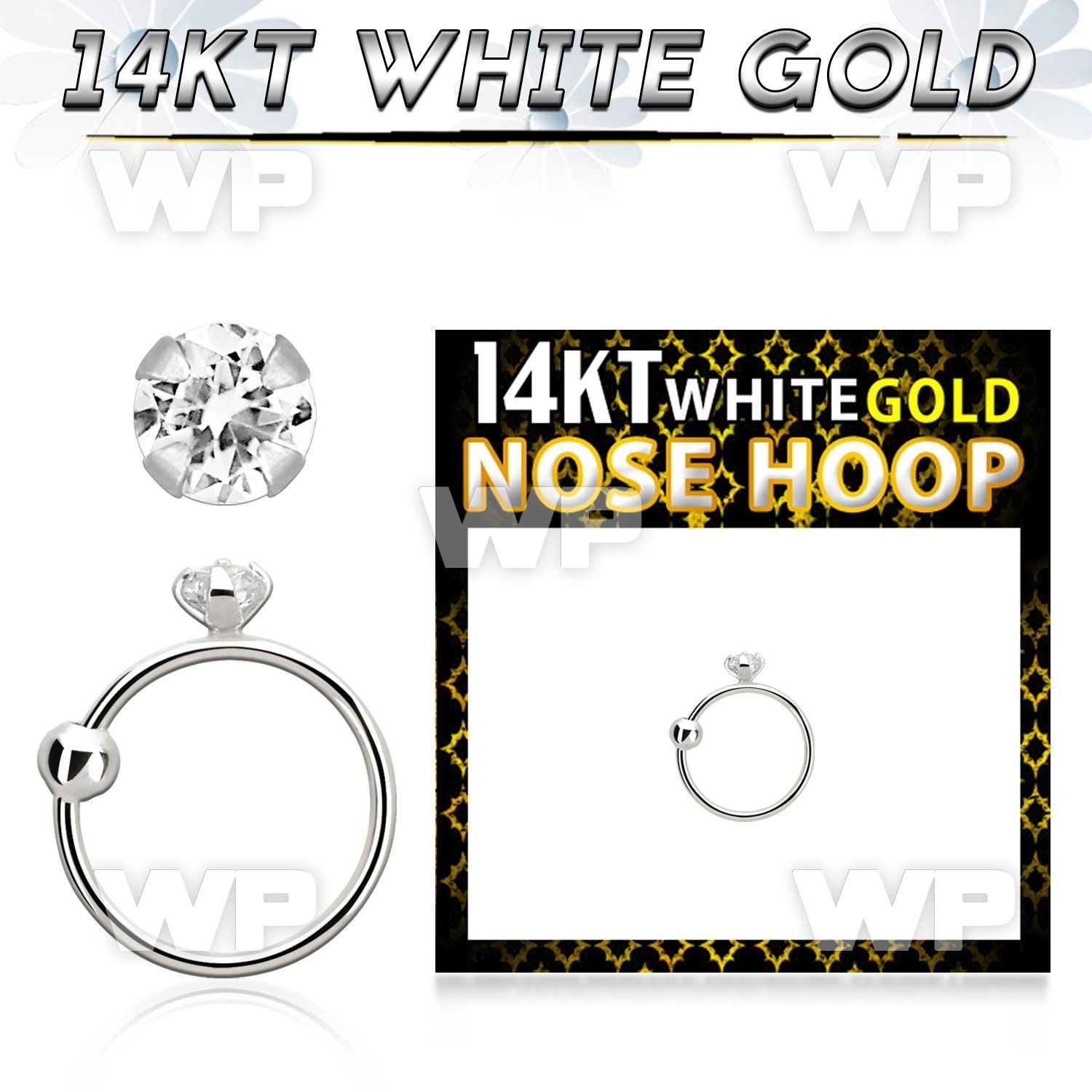 whz2 14kt white gold nose hoop w 2mm round clear cz stone