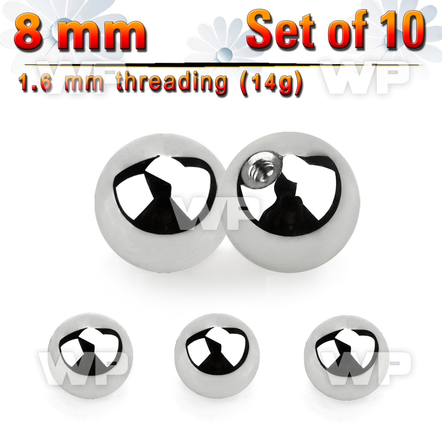 xbal8 pack of 8mm high polished 316l steel balls threading 14g