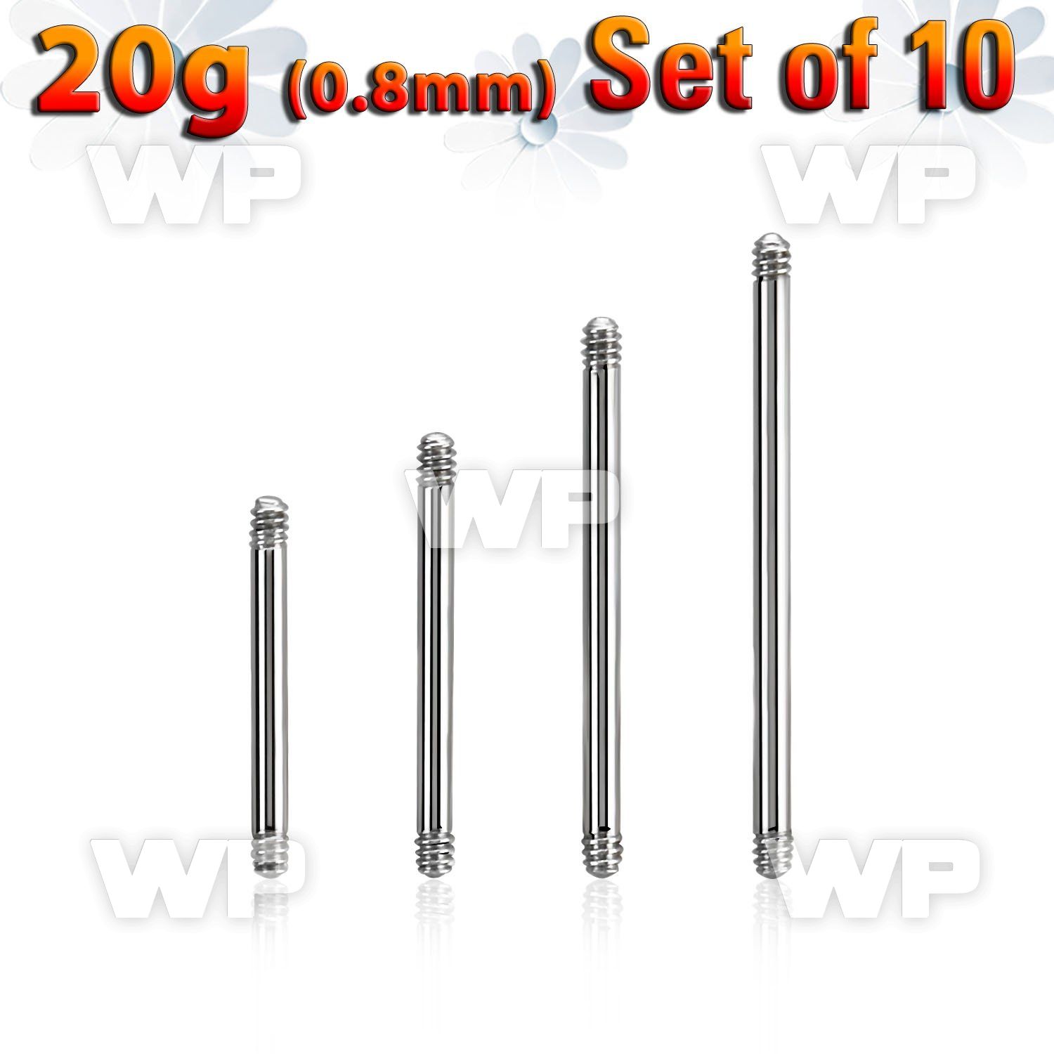 xbb20g set w 10 surgical steel barbell posts w 0.8mm threading