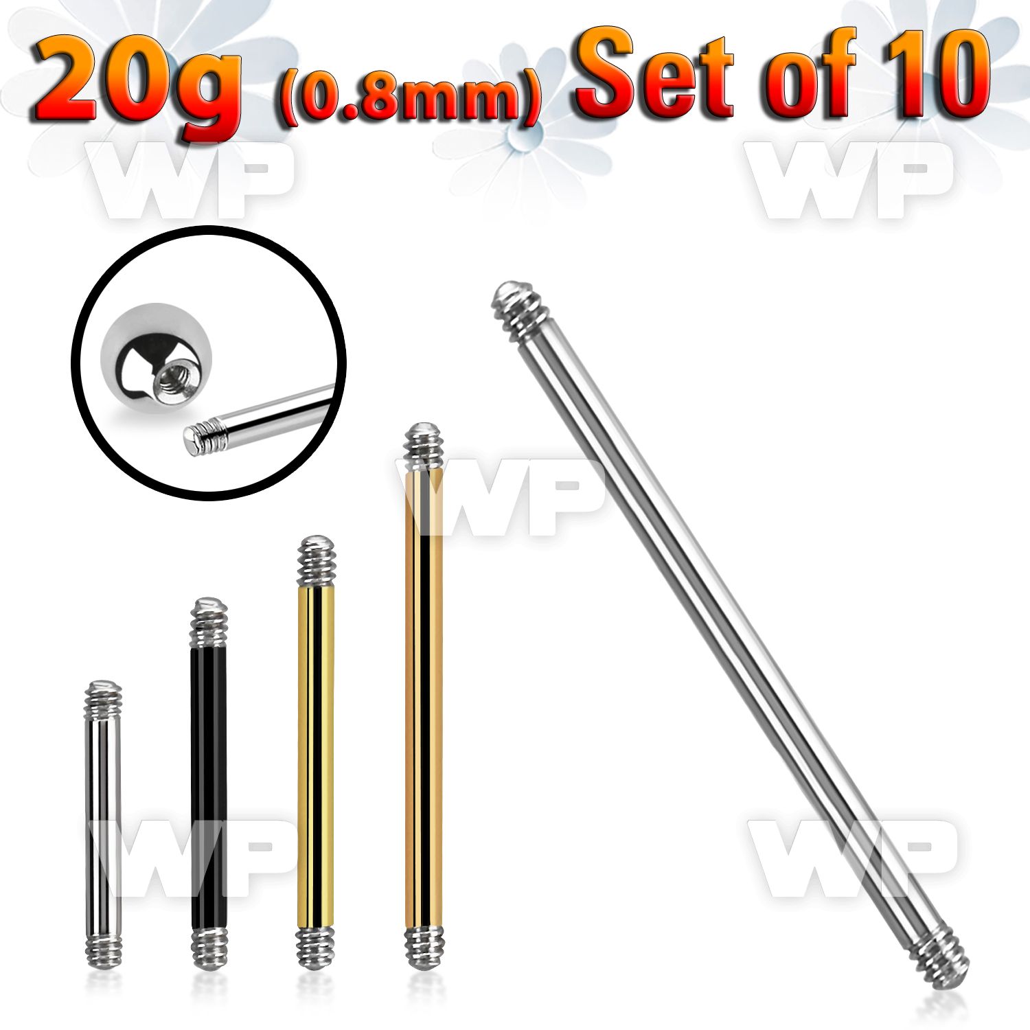 xbb20g set w 10 surgical steel barbell posts w 0.8mm threading