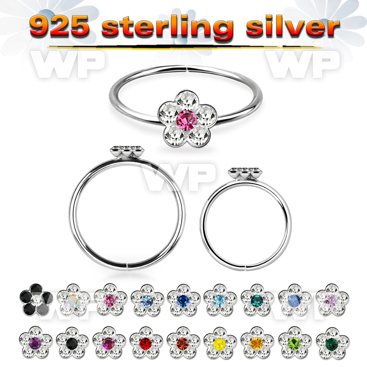 xdjf s ilver seamless nose hoop w crystals flowers in 2 colors