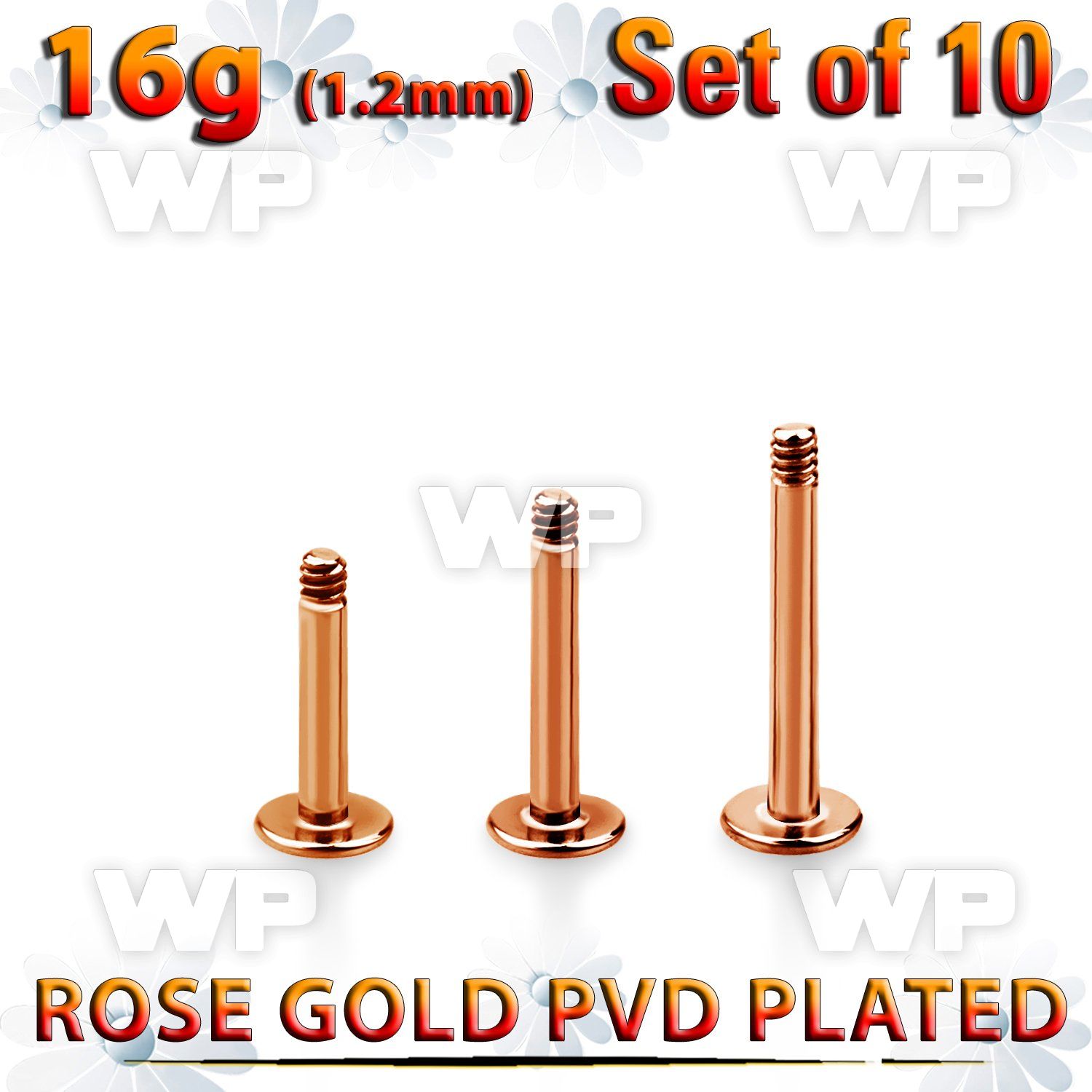 xttlb16g set of rose gold plated steel labret posts thread 1.2mm