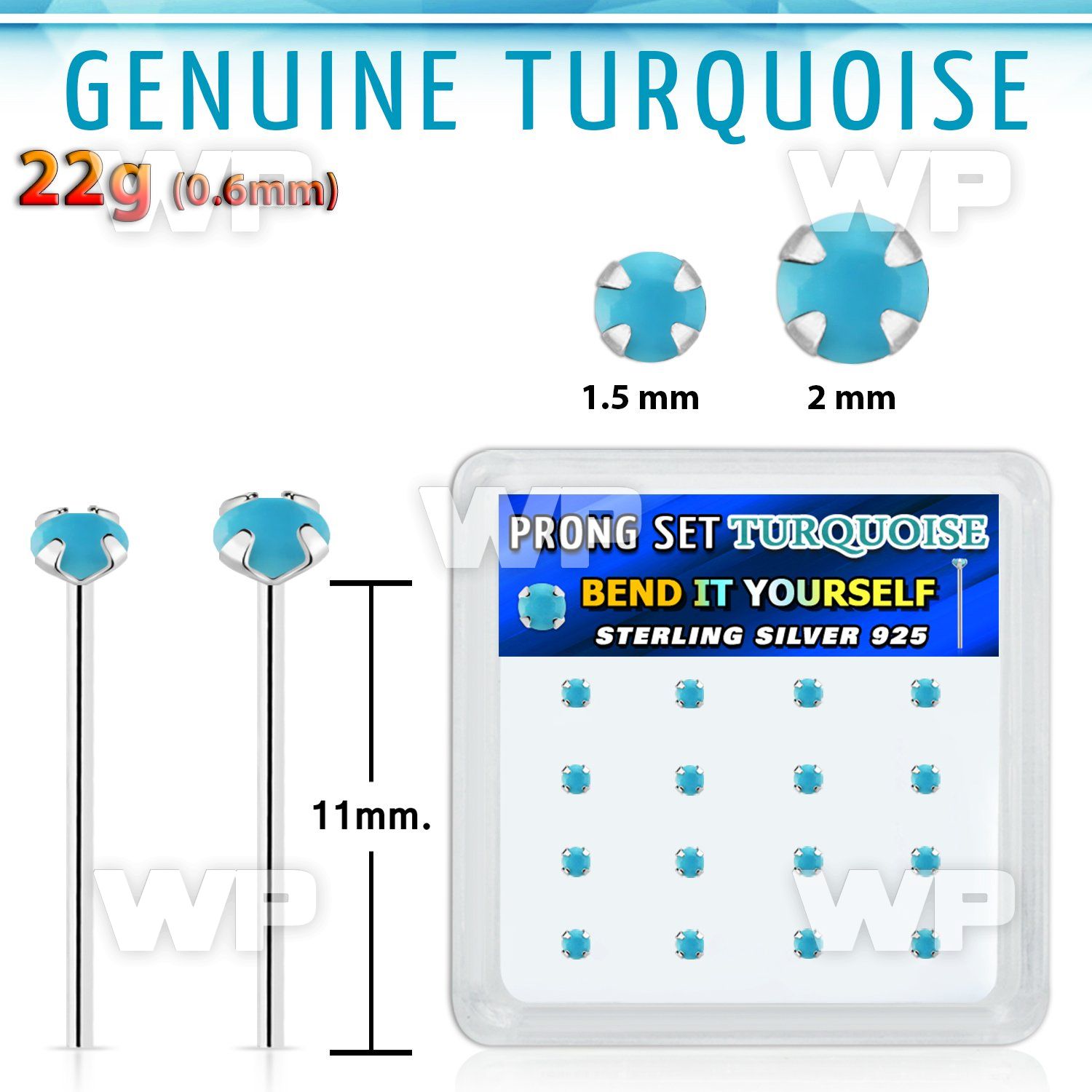 y16pge7 box w bend it silver nose studs w 2mm round turquoise