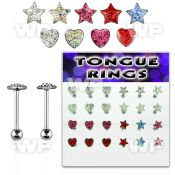1764zy display w surgical steel tongue bars 1 6mm heart star tongue piercing