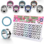 17miyk display 84 pcs of steel flesh tunnels crystal studded rim ear lobe piercing