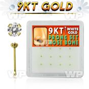 19iu4e box w of 9k gold nose bone 1 5mm round clear prong set nose piercing