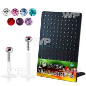 1b48cj display w bio flex labrets 1 2mm push in 2mm flat crysta lower lip piercing