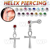 44watl steel helix barbell w jewel ball dangling ankh cross
