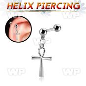 44waty steel helix barbell 16g w dangling ankh cross