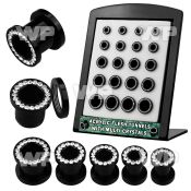 4amieee display w black acrylic flesh tunnel clear crystal studde ear lobe piercing