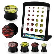 4amisk display w of black acrylic double flare saddle plugs ear lobe piercing
