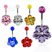 4u7db6k steel belly ring lower acrylic hawaian flowercenter cryst belly piercing