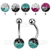4udatw steel belly ring w 8mm multi crystal ferido ball in two belly piercing