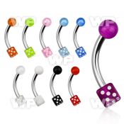 4uw18 316l steel micro banana w 3mm acrylic dice on one side eyebrow piercing