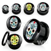 7dmg black acrylic plug external screw fit sugar skull picture ear lobe piercing