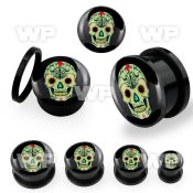 7dmg black acrylic plug external screw fit sugar skull picture ear lobe piercing