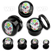 7dmwww black acrylic plug external screw fitcolorful sugar skull ear lobe piercing