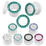 7dwda white acrylic flesh tunnel ferido glued crystal studded ear lobe piercing