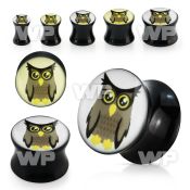 7mi22 black acrylic double flare saddle plug cute owl picture ear lobe piercing