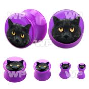 7mi67r purple acrylic double flare saddle plug black cat picture ear lobe piercing