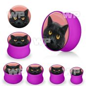 7mi67r purple acrylic double flare saddle plug black cat picture ear lobe piercing