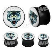7mibb black acrylic double flare saddle plug fierce wolf pictur ear lobe piercing