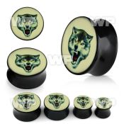 7mibb black acrylic double flare saddle plug fierce wolf pictur ear lobe piercing