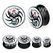 7miqq black acrylic double flare saddle plug skull picture in ear lobe piercing