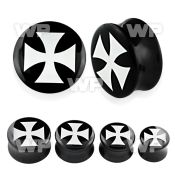 7mirr black acrylic double flare saddle plug white iron cross ear lobe piercing