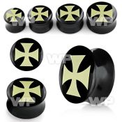 7mirr black acrylic double flare saddle plug white iron cross ear lobe piercing