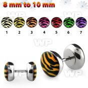 8bm7 steel fake plug epoxy covered tiger fur logo out silicon belly piercing