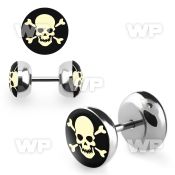 8bmw steel fake plug epoxy covered white skull on black backgr belly piercing