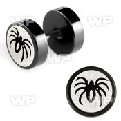 8mb3ee black steel fake plug laser edged spider logo on one of belly piercing