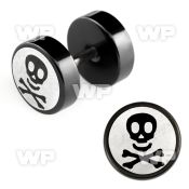 8mb3k black steel fake plug laser edged skull bones logo on belly piercing